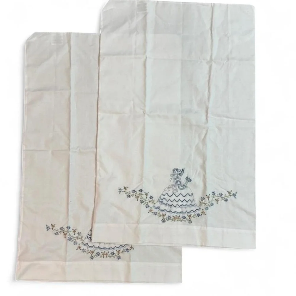 Embroidered cross stitched white pillowcase set of 2‎ w/ blue floral girl dress